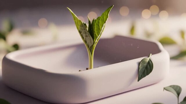 Fresh green sprout growing in a modern light pink ceramic planter, bathed in gentle natural light, representing new life, environmental care, and organic growth.
