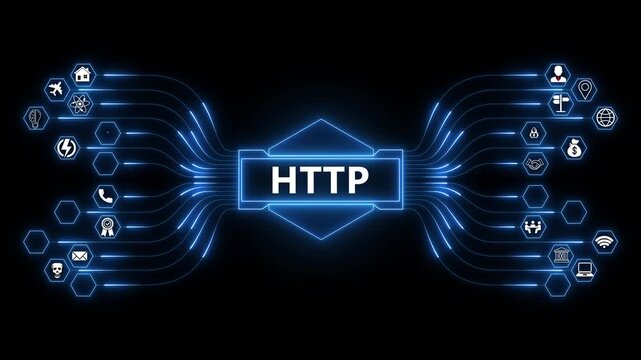 H T P Secure Internet Connection Technology on Dark Background with Glowing Blue and Symbols http for encrypted web security and network protection systems