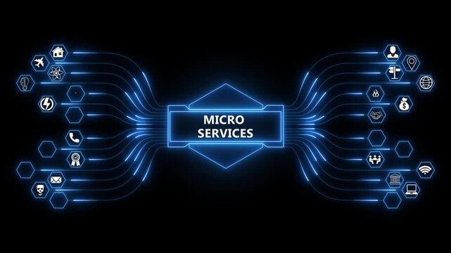 Microservices architecture network animation with glowing data connections and technology icons, modular software system concept