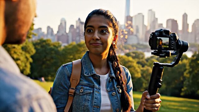 Young woman vlogging in a park with city skyline background.