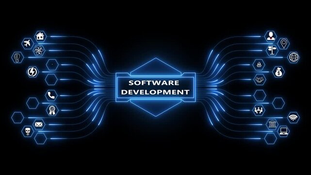Software Testing Concept with Connected Icons and Flowchart Elements software testing, quality assurance, development, technology, concept, flowchart, infographic, digital, network for enterprise