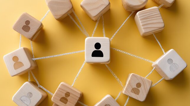 Wooden boxes arranged in a network show white figures linking together on a yellow background during daytime
