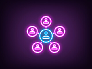Outline neon leader icon, blue magenta. Neon central chief, centralized management system. Head authority, team control organization, teamwork manage, distribution system, social network. Vector