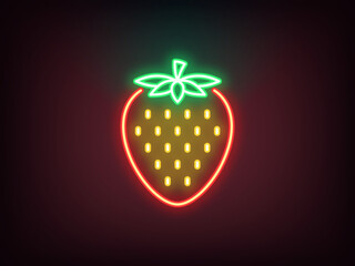 Outline neon strawberry icon, red green. Neon strawberry fruit with leafs, outline silhouette. Ripe berry fruit, strawberry garden, organic food, fruit diet, summer vitamins, health food. Vector