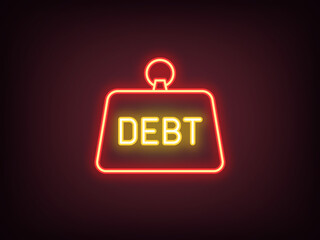 Outline neon debt load icon, red yellow. Neon debt loan burden, bank credit and mortgage. Financial difficulties, debt weight, credit obligations, money shortage, arrears, default threat. Vector