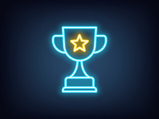 Outline neon award goblet, blue yellow. Neon reward cup icon with star. Award super cup, sport trophy and top achievement, game prize, sport victory, champion reward, winner triumph. Vector