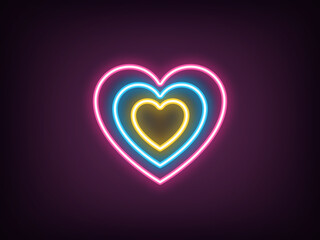Outline neon target heart, pink blue yellow. Neon heart sign with concentric outline shape. Love target, concentric heart line, romantic dating, valentine day, love center and passion. Vector