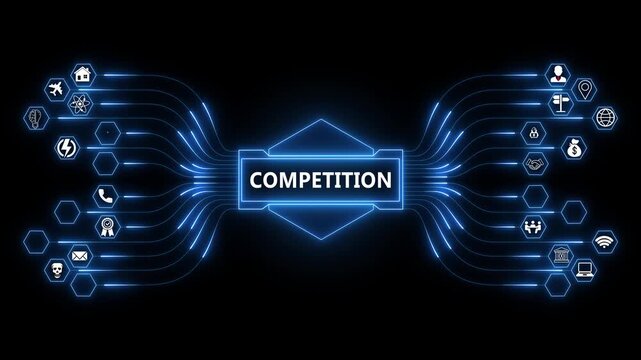 Business competition network animation with glowing data connections and technology icons, digital market rivalry and strategy concept