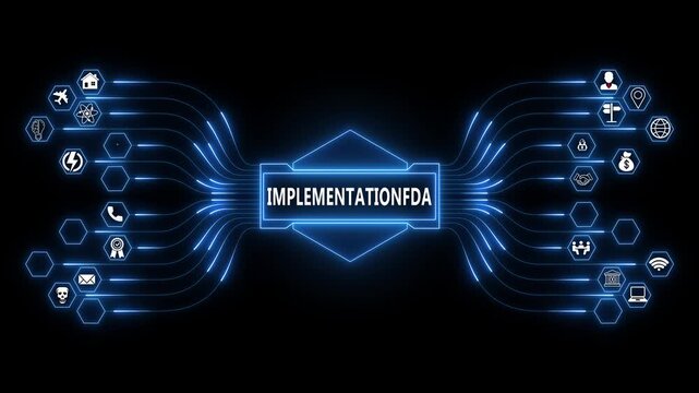 Futuristic digital interface displaying implementation process, business idea. Idea innovation, business, technology and network concept for enterprise growth strategy