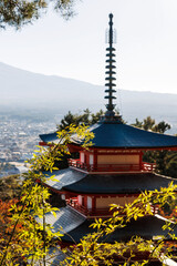 Obraz premium Chureito Pagoda and green leaves overlooking Fujiyoshida city
