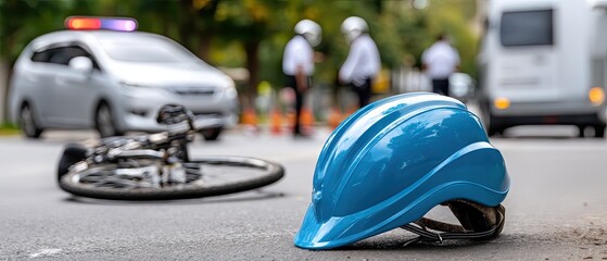 Fototapeta premium A blue and white cycling helmet rests on a concrete surface with a car's headlights shining in the background during the night