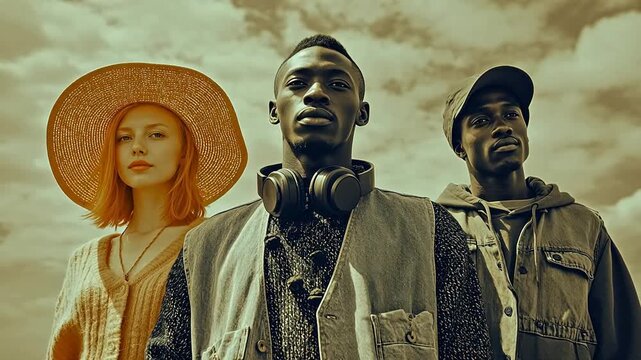 Three people posing against cloudy sky