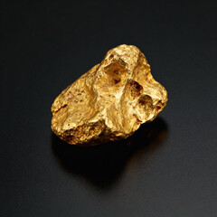 Natural Gold Nugget Macro on Black Background. Raw Precious Metal Ore. Shiny Yellow Mineral Stone for Finance, Mining, Banking and Luxury Wealth Investment. Heavy Geological Rock Texture Detail.