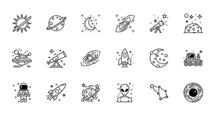 Whimsical collection of space and science-themed icons in a black and white line art style Vector