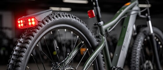 Obraz premium Bicycle displayed in a studio, focus on green frame and red light, showcasing its design and features, perfect for cycling enthusiasts