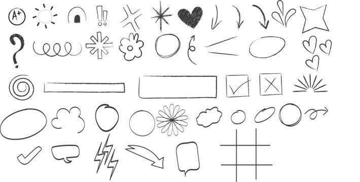 hand drawn doodle elements sketch icons arrows shapes hearts stars vector set