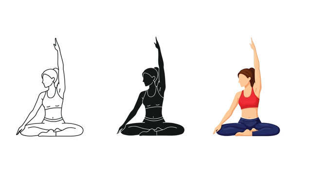 Set of three illustrations of a woman practicing yoga in a seated side bend pose parsva sukhasana or variation, including line art, silhouette and full color versions