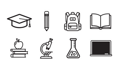 Fototapeta premium Education Icons: Graduation Cap, Book, Microscope, Backpack, Pencil, Flask, Laptop - Stock Media