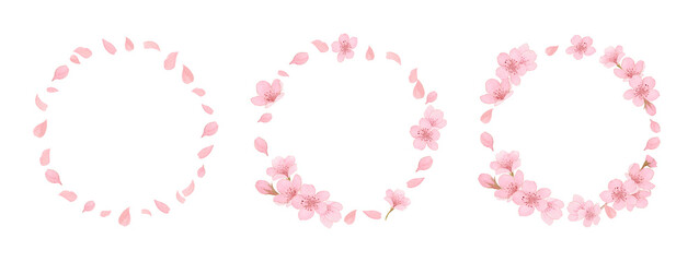 Watercolor cherry blossom wreath and round frame set. Hand-painted pink sakura petals and flower circles for spring wedding and logo design.-300dpi-