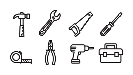 Obraz premium Set of Tools Icons: Hammer, Wrench, Saw, Screwdriver, Pliers, Drill, Toolbox