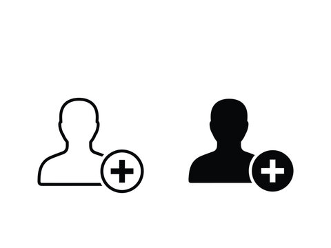 Icons of a person silhouette with plus sign, add user or new contact symbol, line and filled versions