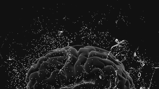 Macro close-up view of the top section of a human brain with luminous white dots and particles symbolizing data or thought processes against black background