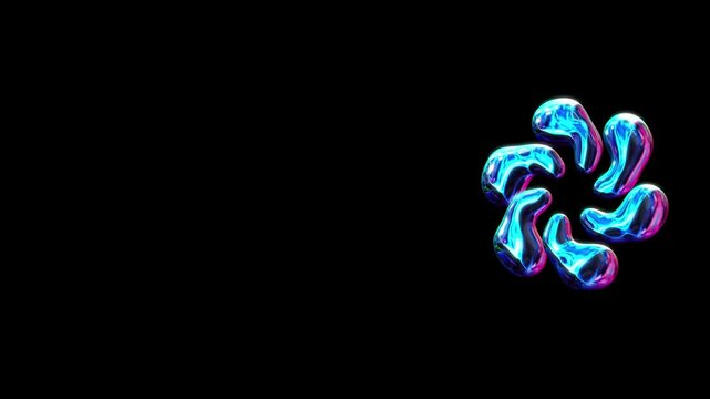 Six luminous blue and pink organic fluid shapes form a circular pattern on a clean black background with vibrant reflections and smooth glossy surfaces