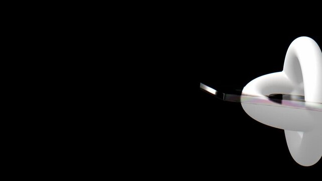 Abstract 3D rendering of a smooth white glossy torus shape partially shown on the right side against a clean black background with high contrast lighting and reflections