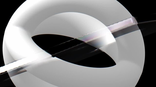 Futuristic close-up rendering of intersecting glossy white torus shapes with visible reflections and highlights against a deep black background in high contrast lighting