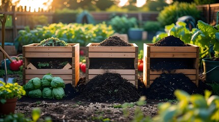 Rich dark texture of finished compost highlighted in a professional photograph of a three-stage garden system