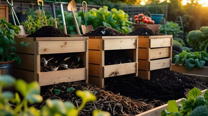 Backyard composting setup with garden tools and thriving vegetables under warm natural light.