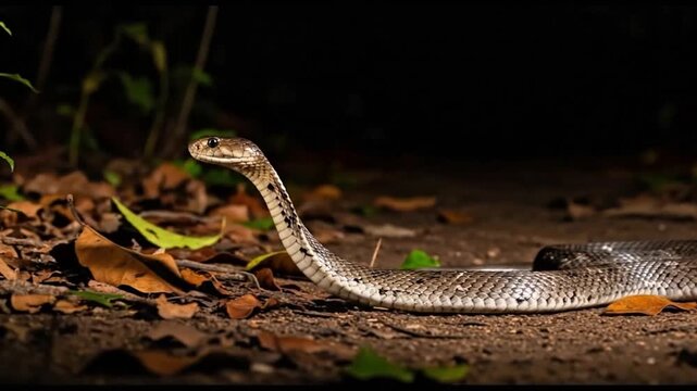 Venomous snake with distinctive brown and black pattern slithering through fallen leaves on forest floor at night, wildlife photography, for documentary or educational use