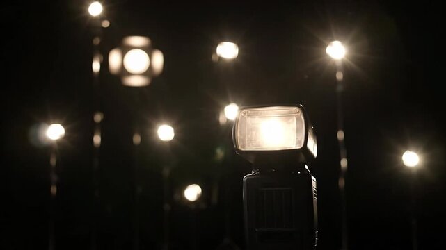 Studio lighting setup with multiple lights creating a dramatic and professional atmosphere.