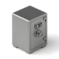 3D isometric heavy grey metallic security safe icon, minimalist steel vault mockup with combination lock and keypad for financial protection and wealth storage isolated on white background.