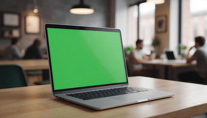 Mockup image of laptop with blank green screen on wooden table in cafe