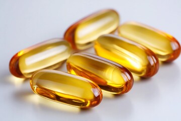 Soft gel capsules sit together on a smooth surface