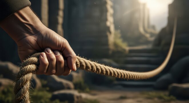 A hand grasping a rope in a rugged, ancient environment with stone structures.