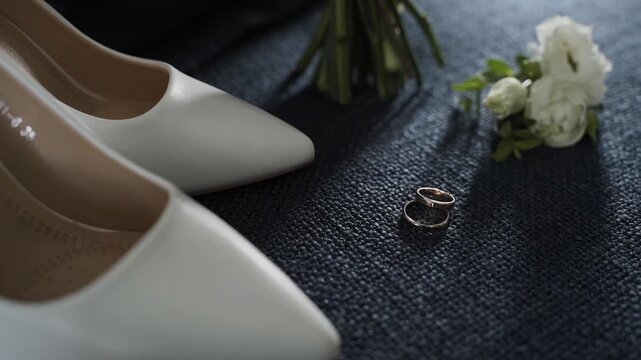 Wedding gold rings captured from an unusual angle, slow motion. Contemporary style