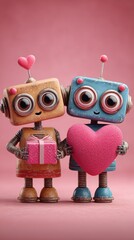Cute robots holding hearts on pink background with copy space
