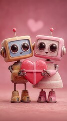 Cute robots holding hearts on pink background with copy space