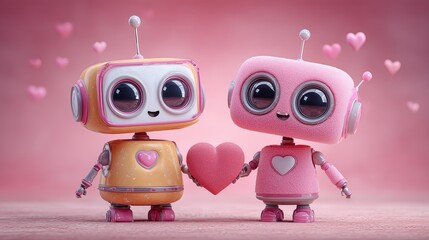 Cute robots holding hearts on pink background with copy space