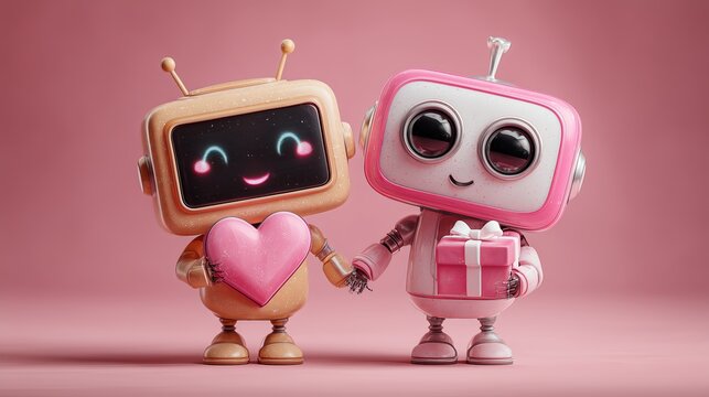 Cute robots holding hearts on pink background with copy space
