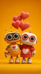 Cute robots holding heart balloons on yellow background