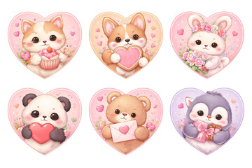 Fototapeta premium Cute animal faces in heart frames set isolated on white for Valentine’s Day. Valentine designs. Love themed projects. Romantic holiday visuals.