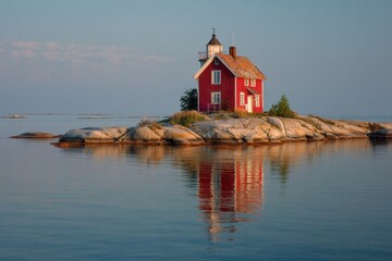 Lighthouse stands on a rock surrounded by calm water, with clear skies above and the sun shining in a tranquil setting during the late afternoon