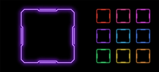 Outline neon square frame, vector set. Neon square HUD frame, glow line UI border with space for text. Rectangle led border silhouette. Game design element and HUD shape with glow light effect.