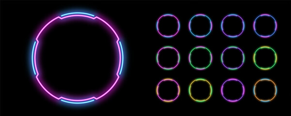 Bicolor outline neon circle frame, vector set. Neon circle HUD frame, glow UI ring border with space for text. Bicolor round led borders. Game design element and HUD shape with glow light effect