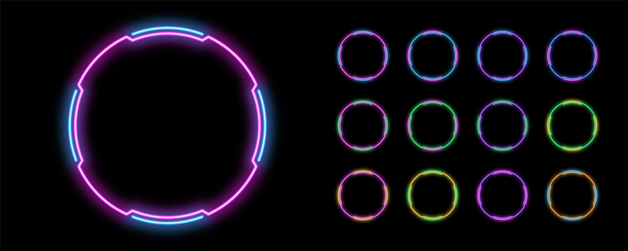 Bicolor outline neon circle frame, vector set. Neon circle HUD frame, glow UI ring border with space for text. Bicolor round led borders. Game design element and HUD shape with glow light effect