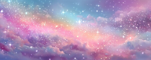 Fototapeta premium Pastel rainbow sky background with stars and clouds, a dreamy soft celestial backdrop