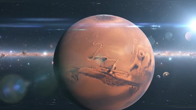 Detailed view of Mars with its moons, set against a backdrop of distant galaxies.